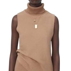 Zara Sleeveless Tan Turtleneck Sweater Top Fall Career Modern Raw Hems Camel S